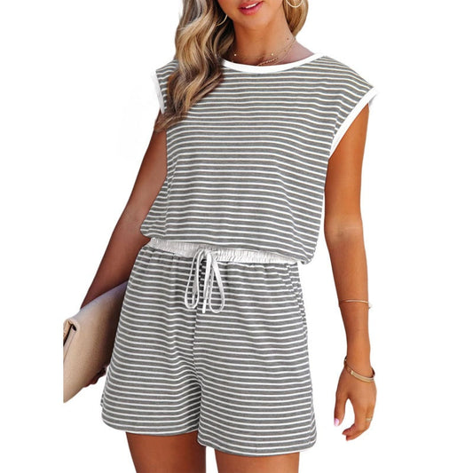 🎁Siste dag i salget – 49 % rabatt🔥 2-delers sett med stripete dametopp med lange ermer og shorts