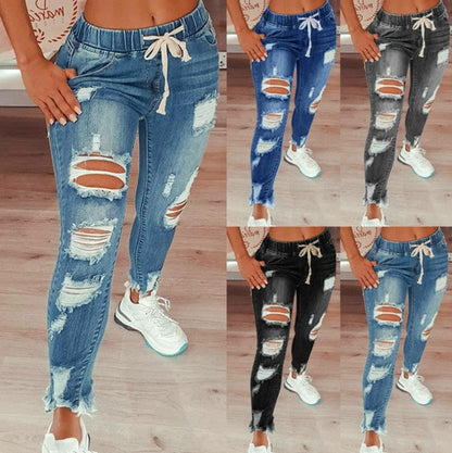 Skinny stretchjeans med rifter til dame