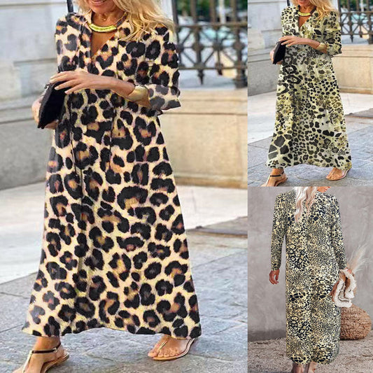 Maxikjole med leopardmønster og V-hals for kvinner