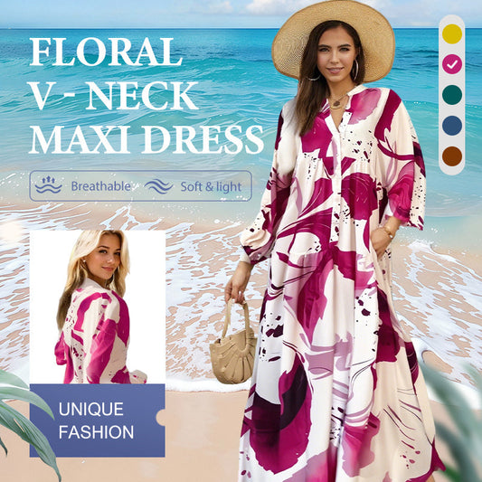 🌸💃 Blomstret kjole Maxi med V-utringning for kvinner