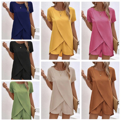 👗 55 % RABATT! ☀️ To-delt sett for damer – asymmetrisk topp og shorts – Ensfarget, luftig og allsidig til sommeren, stranden og hverdagen 🏖️