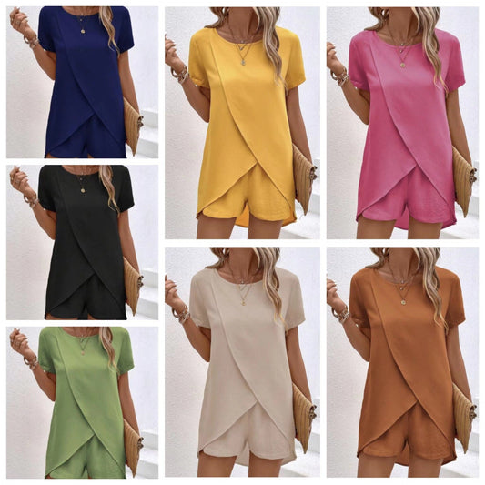 👗 55 % RABATT! ☀️ To-delt sett for damer – asymmetrisk topp og shorts – Ensfarget, luftig og allsidig til sommeren, stranden og hverdagen 🏖️