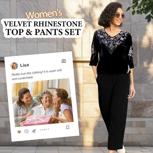 🔥⏰ Begrenset tid 50% rabatt!! 🔥Fløyelssett for kvinner – topp med rhinestones og bukser