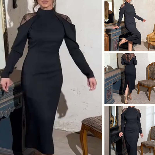 🎁Varmt salg 50 % rabatt⏳Elegant midi-kjole med høyhalset blonderrygg for kvinner