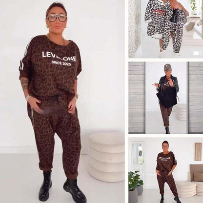 Leopardmønstret topp og buksesett for kvinner