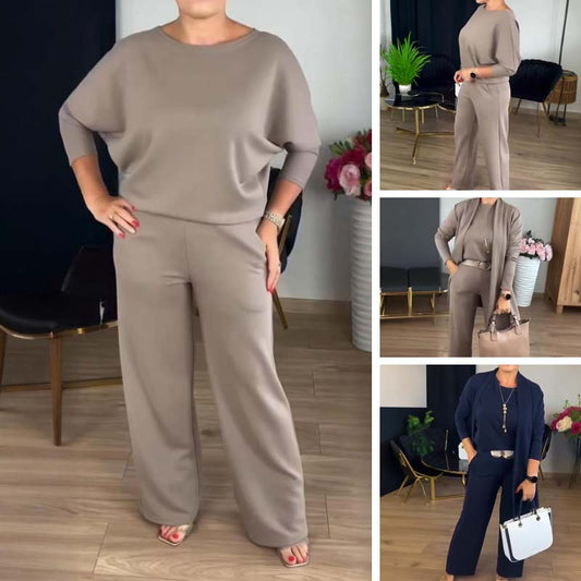 Elegant 3-delers sett: Lang cardigan, topp og bukser