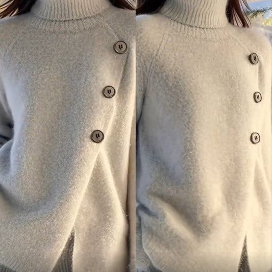 Koselig turtleneck-genser for kvinner med knapper på siden
