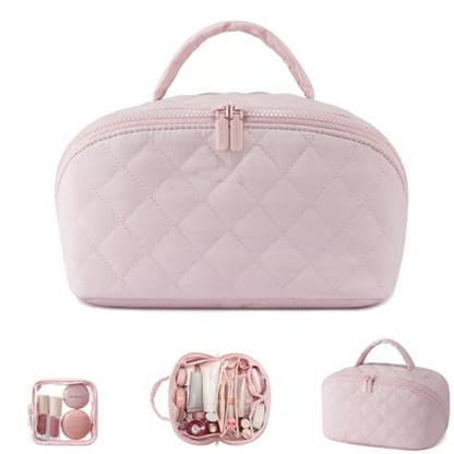 🔥 50 % RABATT! ✨ Sminkepose med stor kapasitet – avtakbar veske, elegant quiltet design, ideell for reiser 💄🧳