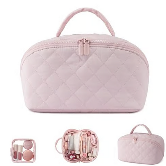 🔥 50 % RABATT! ✨ Sminkepose med stor kapasitet – avtakbar veske, elegant quiltet design, ideell for reiser 💄🧳