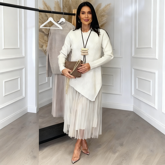 🔥Hot Sale-tilbud – Uregelmessig genser og plissert tank-midi-kjole for kvinner, 2-delers sett