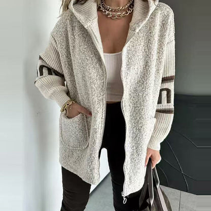 Women's Casual Spliced Knit Zip Hooded Coat