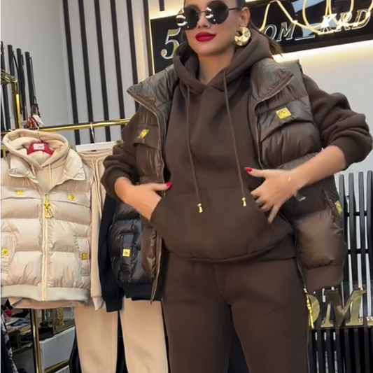 3-delers sett med dunvest, hettegenser og joggebukse for kvinner