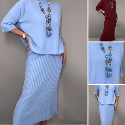 Elegant strikket genser og midiskjørt, 2-delt sett