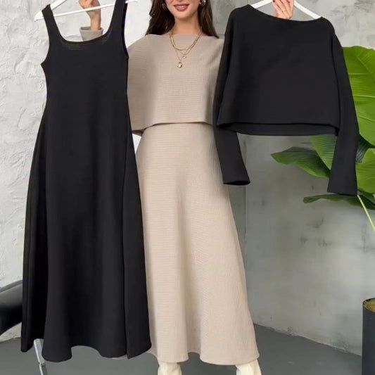 🔥Nytt🔥2-delt strikket dametøy med midikjole og kort topp