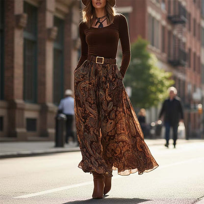 Stilig topp og maxi-skjørt med trykk for kvinner, 2-delers sett