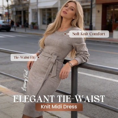 Elegant midi-kjole med strikket midje og bånd for kvinner