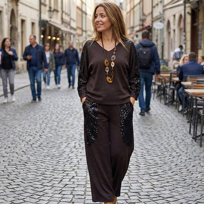 2-delers sett med paljettbluse og bukser for kvinner