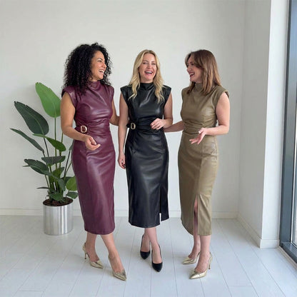 ⏳50 % RABATT NÅ! 👗💕Damekjole i krøllet imitert skinn, midilengde🔥