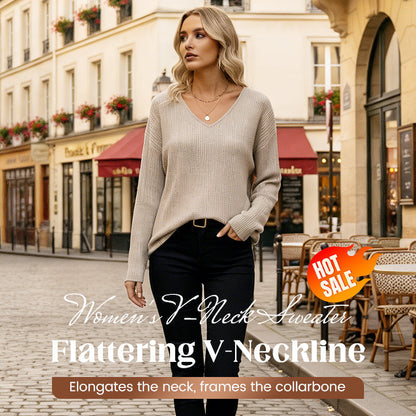 🎁Nyhet – 50 % rabatt💥Dame-genser med V-hals og elegant sløyfe på ryggen