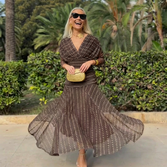 ⏳Begrenset tid 50 % rabatt⏰Bohemsk V-hals ruched mesh maxi kjole👗