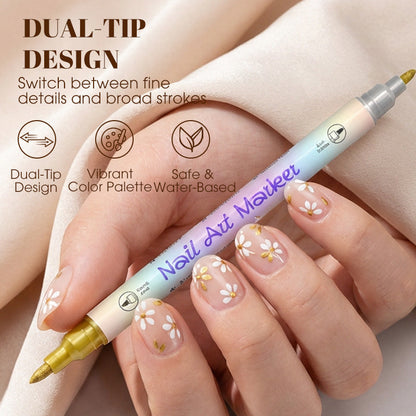💞 50 % RABATT! 🎨Neglelakkpenner med to spisser – Tørker raskt, uten UV-lampe. Fin spiss og penselspiss. 12/24 livlige farger. Enkel DIY hjemme. Ingen flekker, bare kunst! 💅🖌️