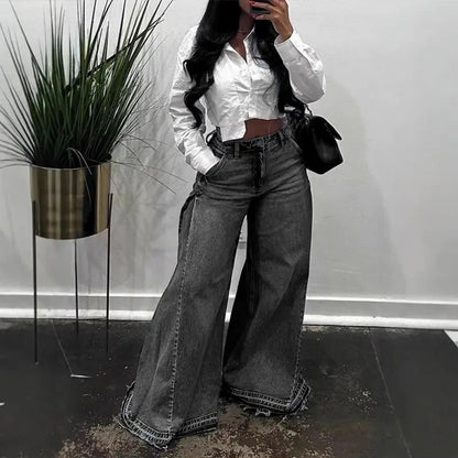📢📢60 % rabatt!! ⏰Oversized jeans med høy midje og vide ben for kvinner