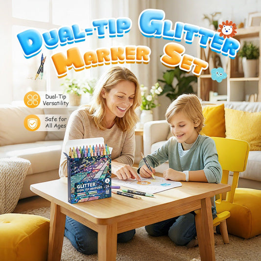 🎨✨ 50 % RABATT! | 24-farget sett med glittermarkører med to spisser – pensel og fin spiss, levende glitter og giftfritt!