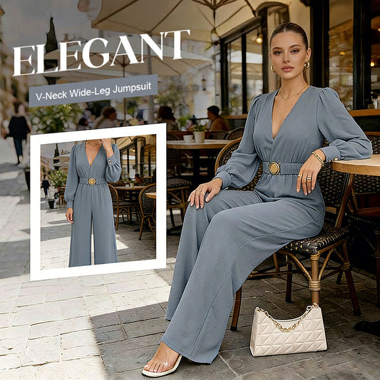 Elegant jumpsuit med V-hals, vide ben og belte
