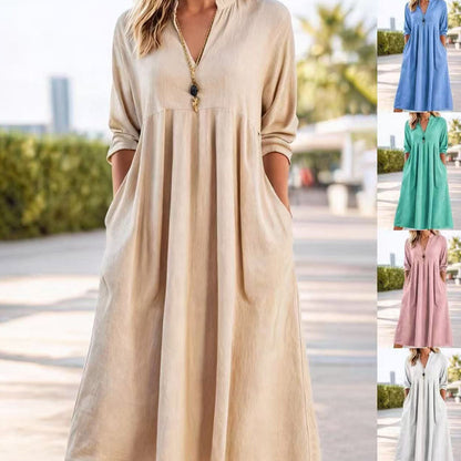 👗 60 % RABATT 🌿 | Uformell midikjole – V-hals, lommer og empire-midje