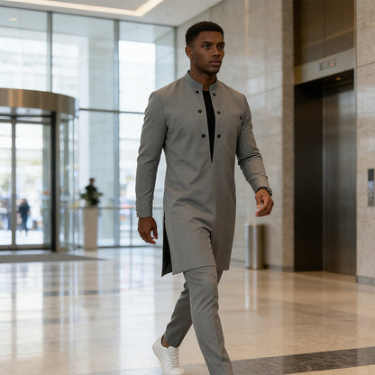 👔 60 % RABATT! 🔥 Herre-sett med moderne tunika med mandarinkrage og bukser – elegant design, behagelig passform og perfekt til festlige anledninger 🎩