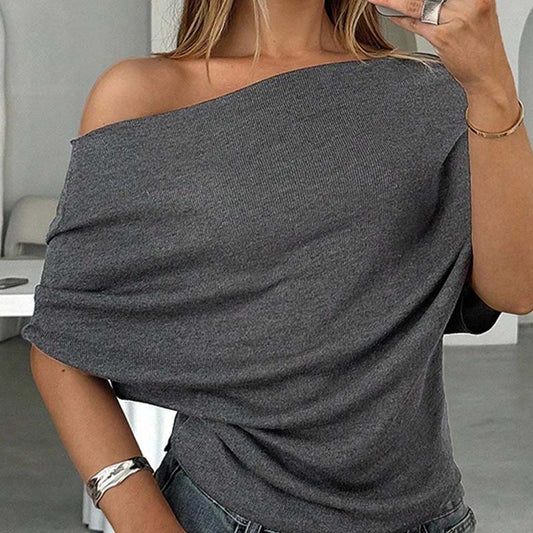 ⏳50 % rabatt i en begrenset periode⏰Asymmetrisk topp med avskårne skuldre og flaggermusermer for damer👚