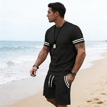 ✨ 55 % rabatt🔥 2-delers sett for menn: stripete T-skjorte og shorts