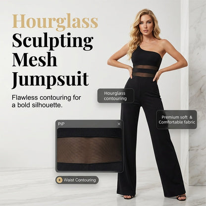 Jumpsuit med én skulder, mesh-innsatser og vide ben