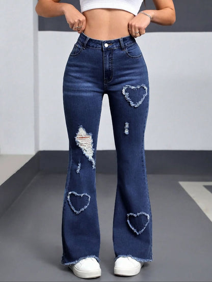 Blå hjerter 💙 Jeans med høy midje, vintage-inspirert hjerte-patchwork og slitt look