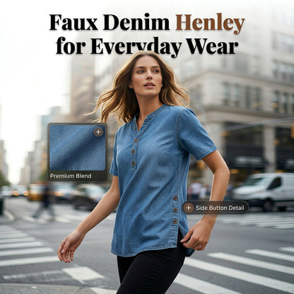 😍Nyhet – 40 % rabatt💙Pustevennlig, uformell topp i denimlook for damer