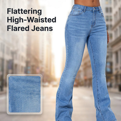 Jeans med høy midje og utvidede ben i stretch for damer