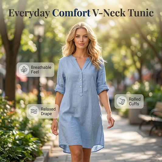 👗 BEGRENSET TILBUD: 50 % RABATT! ✨ Tunika-kjole med V-hals for damer – med knapper, 12 farger, store størrelser 🌸