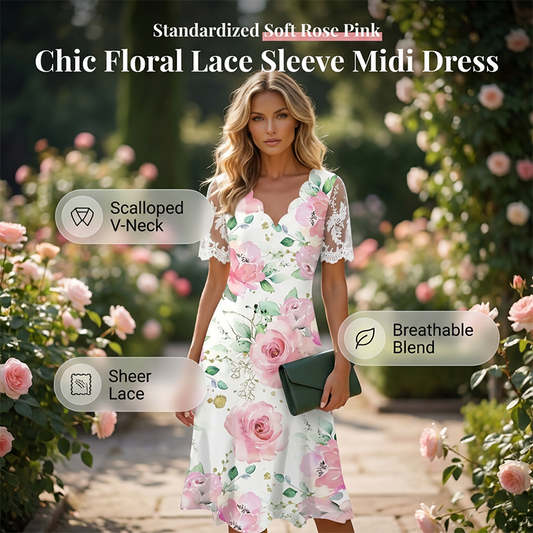 👗🌸 Blomstret A-linjekjole med blonder på ermene og V-hals