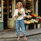 Vintagebukser med blomstermønster og vide ben for damer