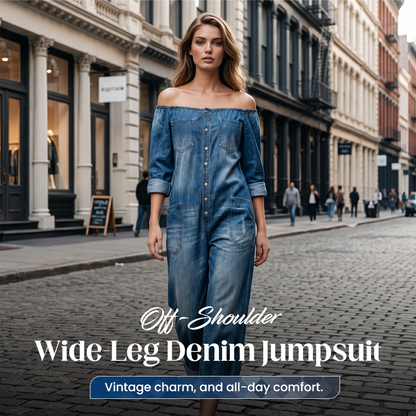 👖 50 % RABATT NÅ!🌸 Denimjumpsuit uten skulderstropper med vide ben – Avslappet stil, luftig passform og perfekt til sommer og ferie