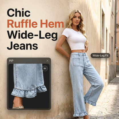 Jeans med vid benvidde og volanger nederst for damer