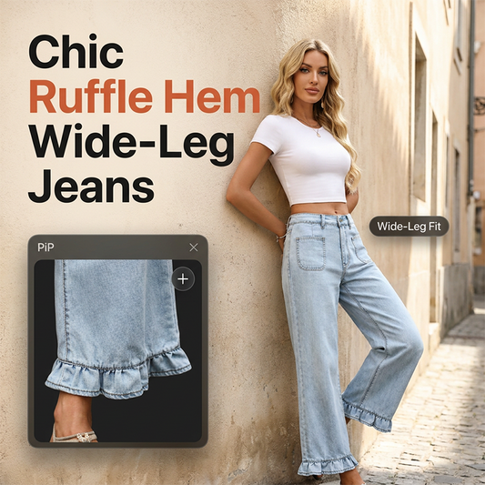 Jeans med vid benvidde og volanger nederst for damer