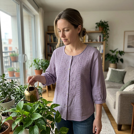 Brodert bluse i bomull og lin for damer