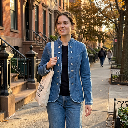 🔥 49 % rabatt – kun i dag 💙 Denimblazer med smal passform og stående krage