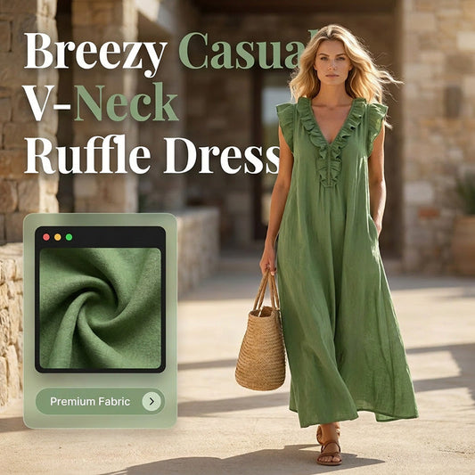 👗 50 % RABATT NÅ! 🌸 Vårlig, ermeløs kjole med V-hals og volanger for damer – Lett og luftig snitt – Perfekt for sommerdager, stranden eller brunsj – sjarmerende og behagelig å ha på seg 💃