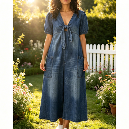 Stilig, løs-sittende denim-jumpsuit med korte ermer og V-hals