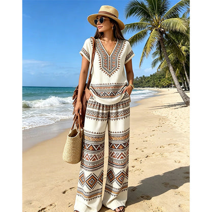 👗 50 % RABATT I BEGRENSET TID! ✨ Sett med mønstret topp og bukser for damer – boho-mønstre, avslappet passform, perfekt til ferien 🌴