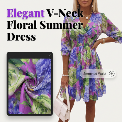 🌸 50 % RABATT NÅ! 🌸A-formet kjole for damer med blomstermønster, V-utringning og volangkant