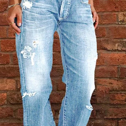 👖 50 % RABATT NÅ! 🔥 Slim fit-jeans med utvidet ben i slitt look for damer – Elastisk denim og vintage-look – Slitte detaljer, flatterende passform – perfekt til avslappede dager eller en rå street-stil ✨