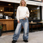 👖 50 % RABATT NÅ! 🌸 Damejeans med asymmetrisk midje og vide ben – slitt, vasket utseende og trendy street-stil ✨